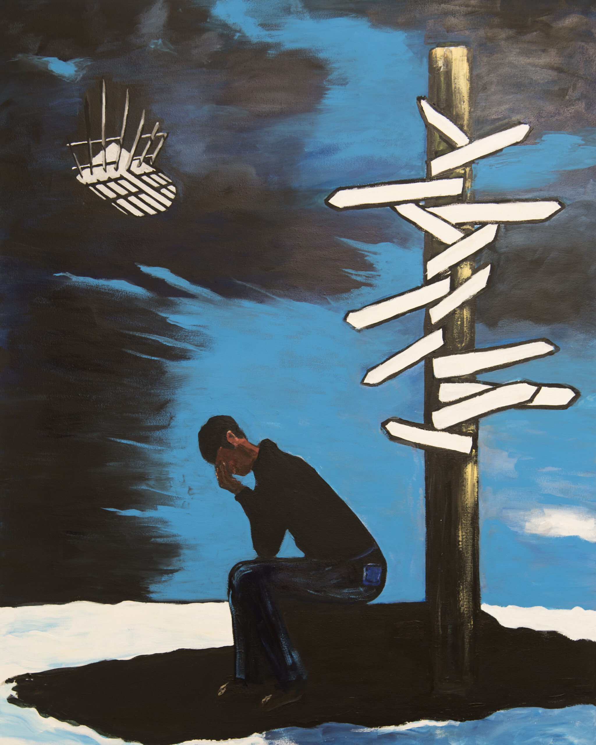 Artists interpretation of the experience of being released from prison, Shows a yound man sitting in the shadow of a signpost. the signpost has multiple directional arrows, He has his head in his hands indicating confusion and feeling overwhelmed. An image of the prison gates looms large in the blue and black background